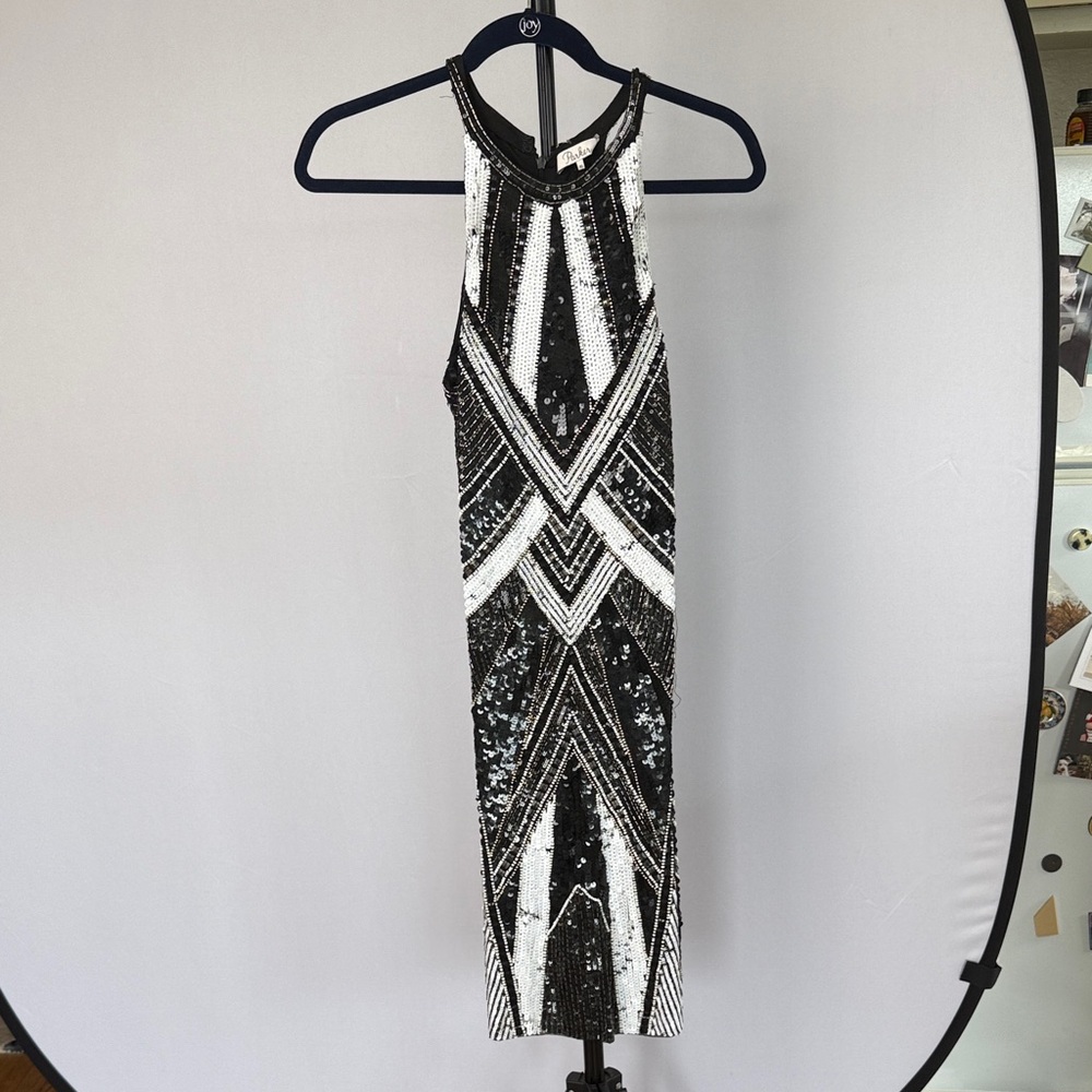 Parker Black and White Sequin Midi Dress